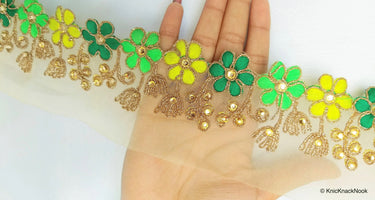Gold Sheer Tissue Fabric Trim With Embroidered Green & Gold Flowers, Embellished With Beads, Approx. 65 mm Wide - 210119L105